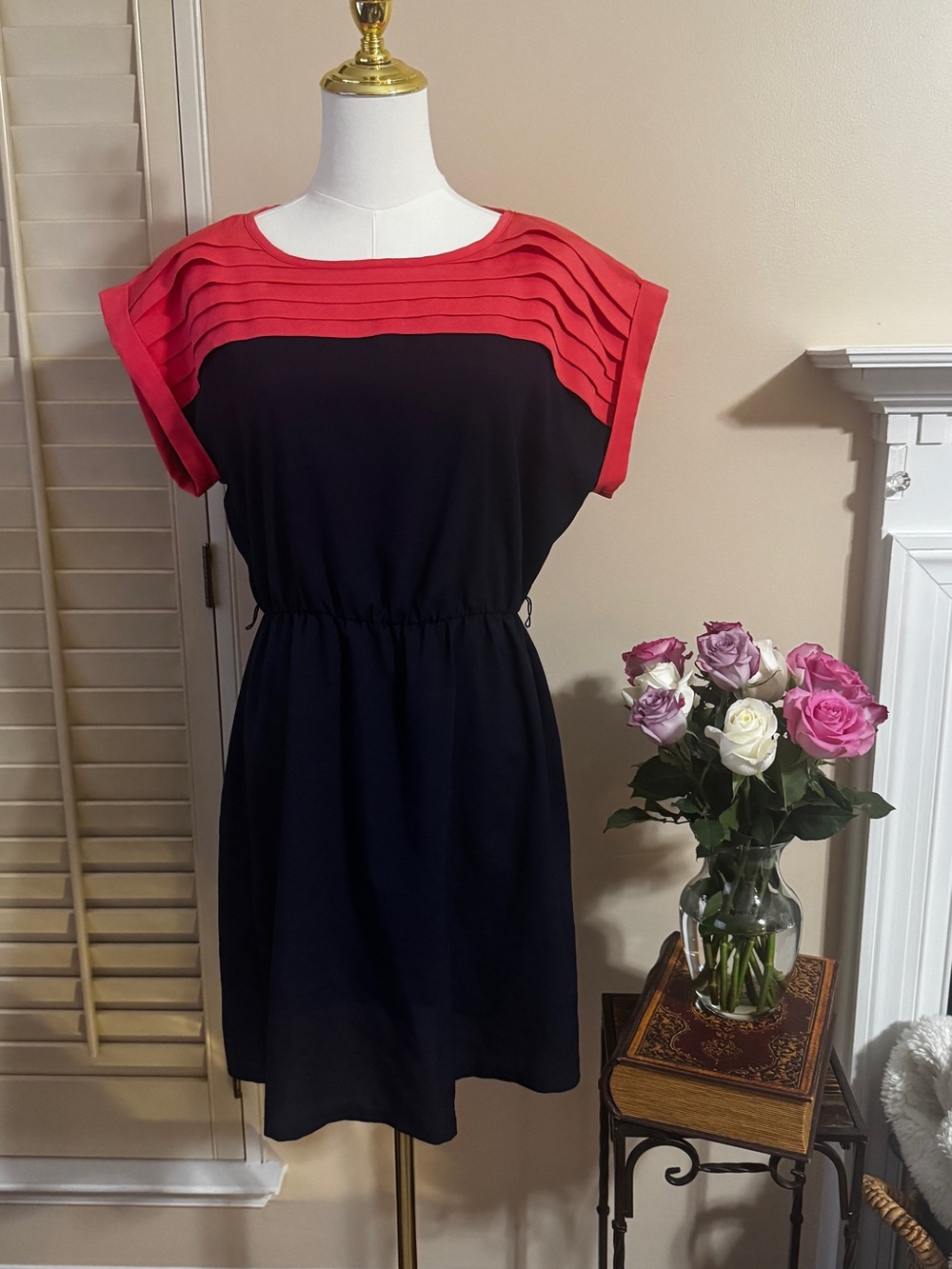 BCX Black Dress with Coral Pleated Yoke